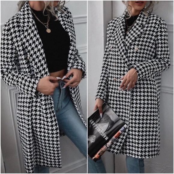 Classic Houndstooth Print Tweed Button Down Jacket - Picture 1 of 2